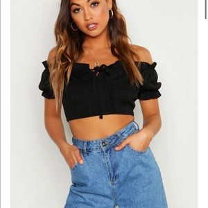 Boohoo Bandage Peasant Crop Top Black Size 6